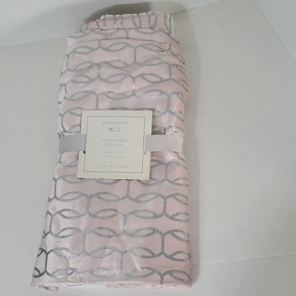 Pottery Barn Baby Amelia Pink and Silver Velvet Crib Skirt NWT